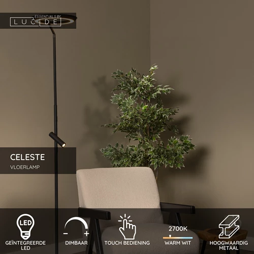 Lucide CELESTE - Vloerlamp - Ø 28 cm - LED Dimb. - 2700K - Zwart | Essential - USP